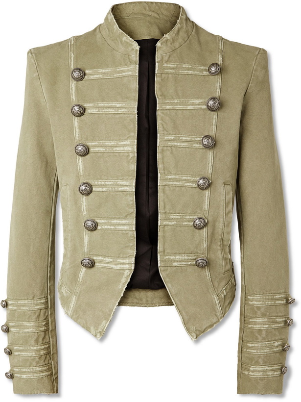 Photo: BALMAIN - Cropped Button-Embellished Cotton Blazer - Green