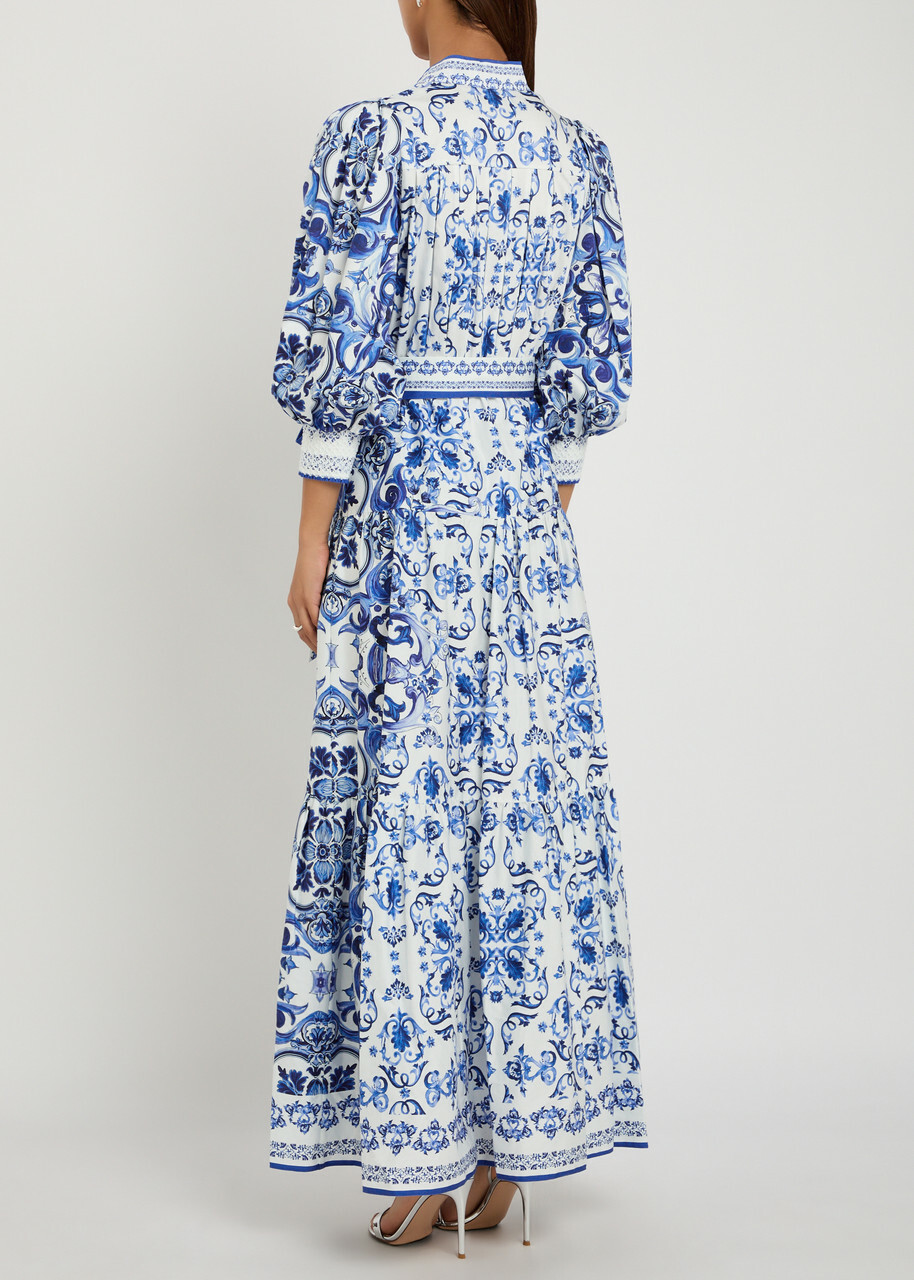 Alice + Olivia Cora Floral-print Stretch-cotton Maxi Shirt Dress Blue And White