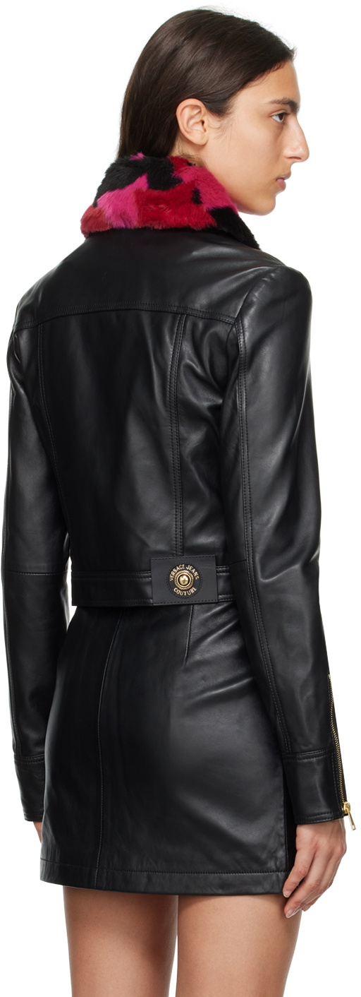 Versace Jeans Couture Black Spread Collar Leather & Faux-Fur Jacket