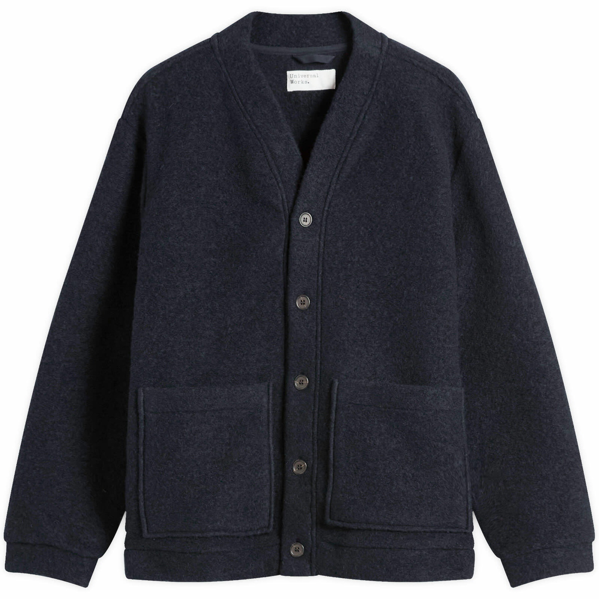 Universal Works Men's Check Wool Fleece Cardigan in Navy/Sand