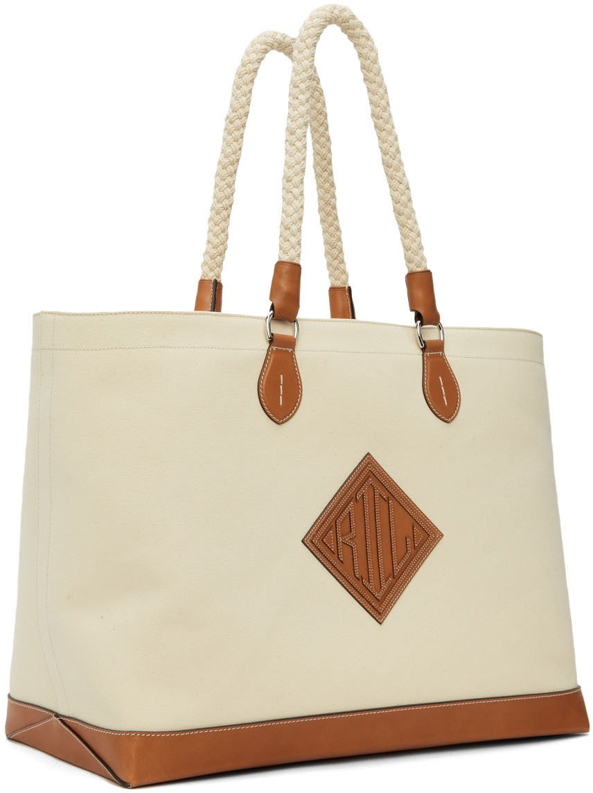 Lauren Ralph Lauren Black White Striped Canvas Tote Bag, Tan Base, Leather  Trim