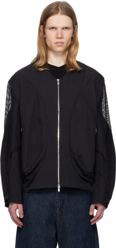Photo: JiyongKim Black Draped Pocket Mesh Sleeve Bomber Jacket