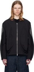 JiyongKim Black Draped Pocket Mesh Sleeve Bomber Jacket