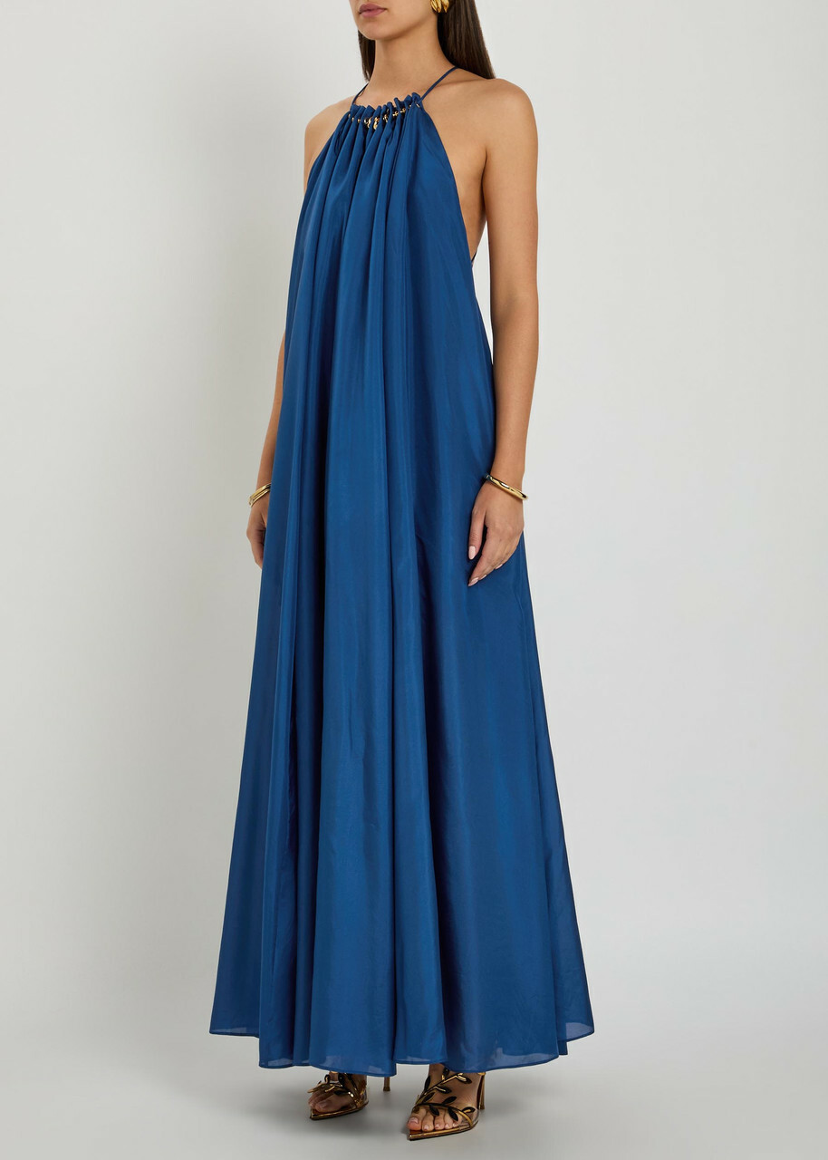 Zimmermann Aster Gathered Silk Maxi Dress Dark Blue
