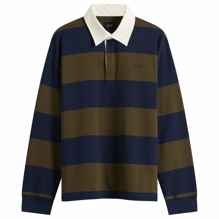 Photo: A.P.C. Men's Isaac Block Stripe Rugby Shirt in Dark Navy