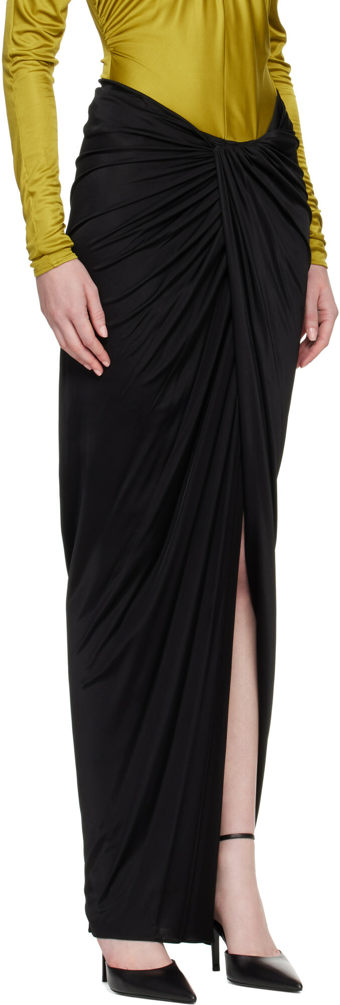 BALMAIN Black Draped Slit Maxi Skirt