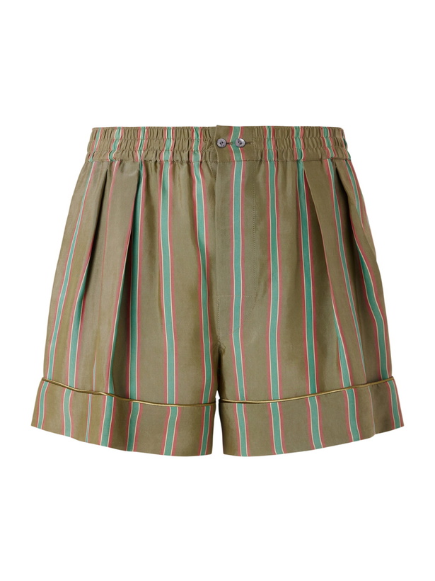 Photo: SAINT LAURENT - Wide-Leg Piped Pleated Striped Recycled-Twill Shorts - Green