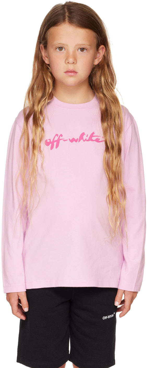 Off-White Kids Pink Script Long Sleeve T-Shirt Off-White