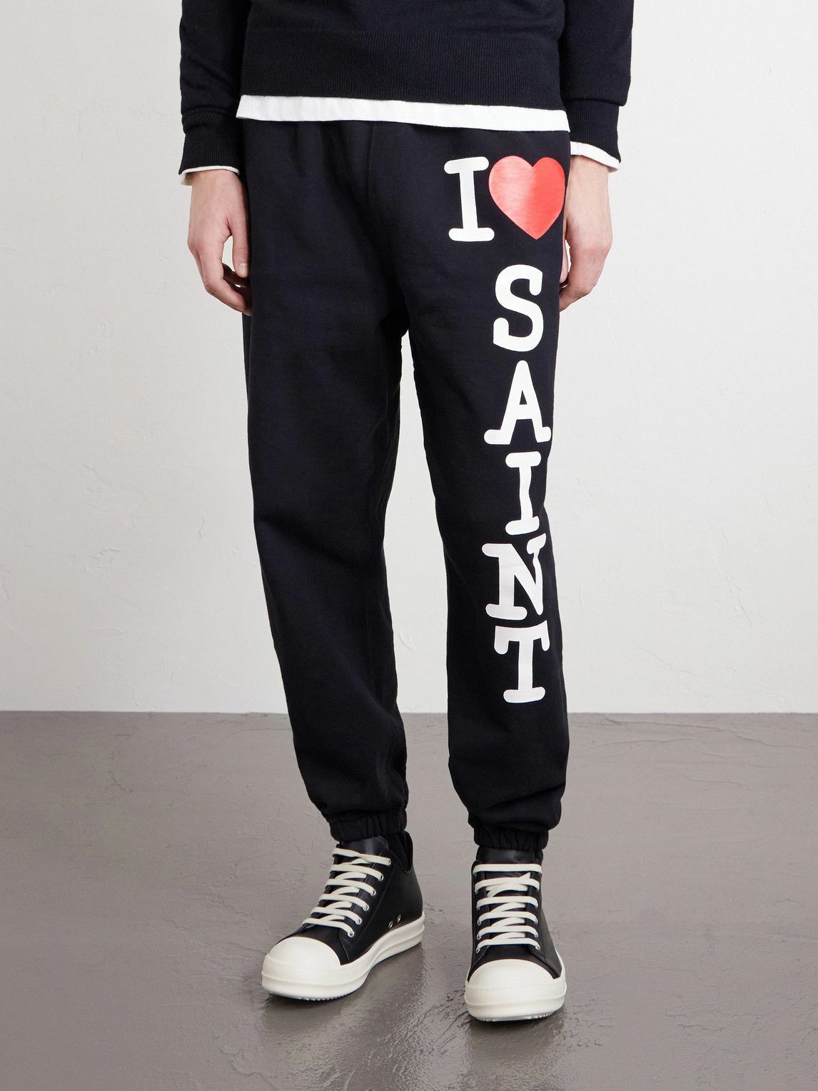 SAINT MXXXXXX - I Love Saint Tapered Printed Cotton-Jersey Sweatpants - Black