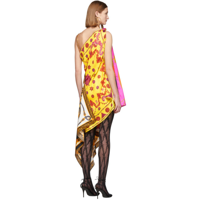 Versace Multicolor Mixed Print Draped Asymmetric Dress Versace