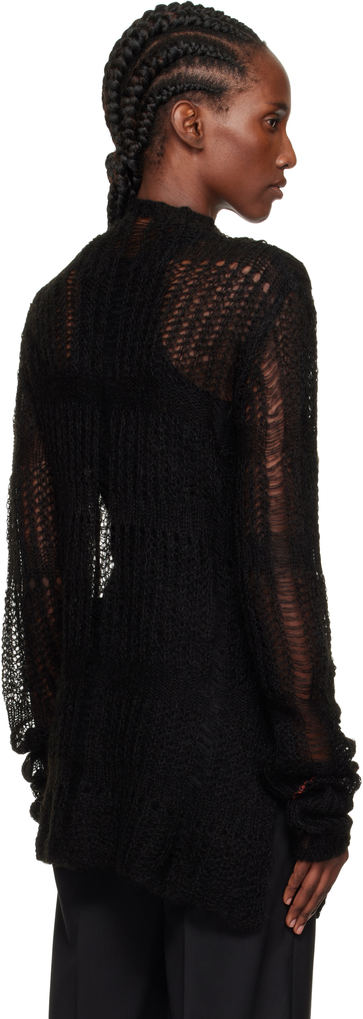 Y's Black Sheer Asymmetry Long Knit Sweater