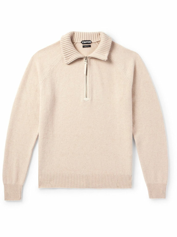 Photo: TOM FORD - Slim-Fit Leather-Trimmed Wool and Cashmere-Blend Half-Zip Sweater - Neutrals
