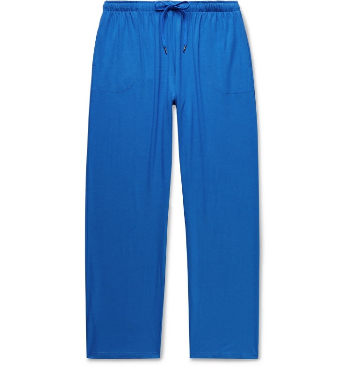 Photo: Derek Rose - Basel Stretch Micro Modal Drawstring Pyjama Trousers - Blue