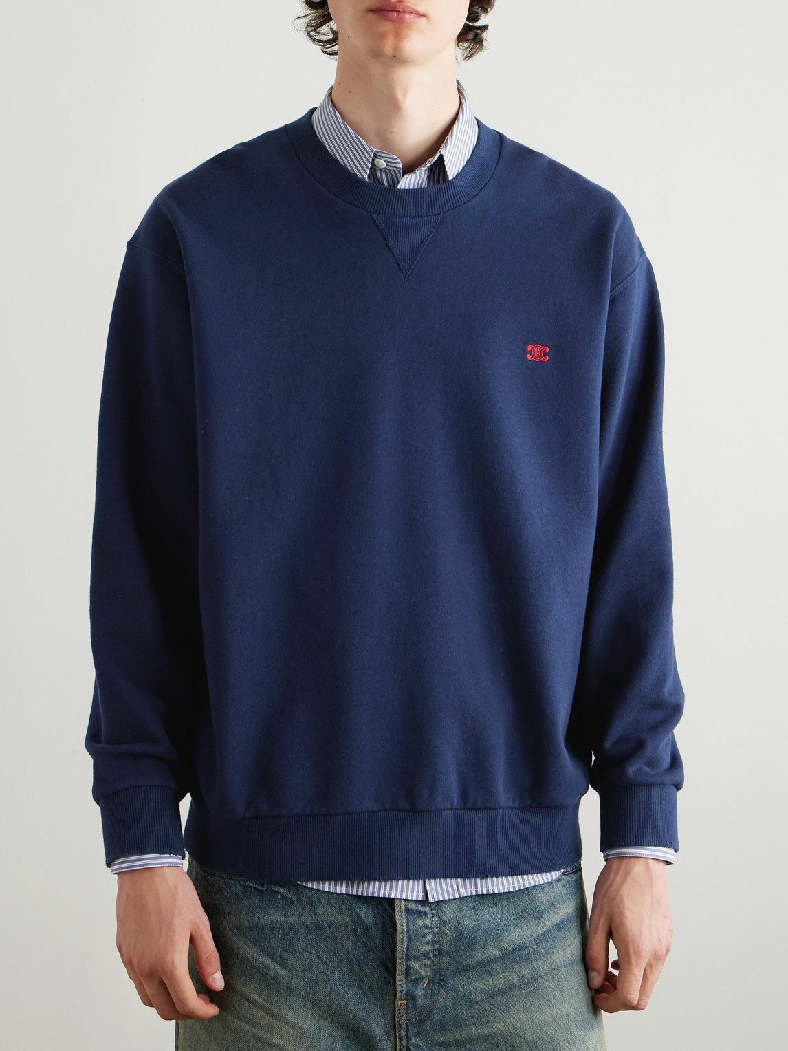CELINE - Logo-Embroidered Cotton-Jersey Sweatshirt - Blue