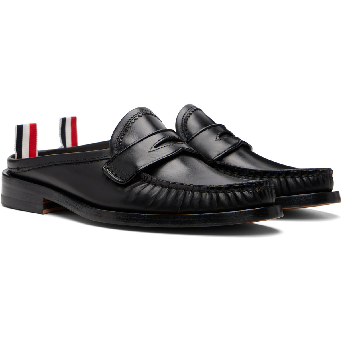 Thom Browne Black Calf Leather Sole Pleated Varsity Slip-on Loafers