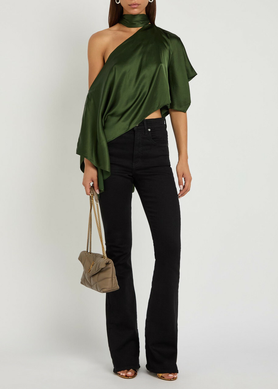 Alice + Olivia Rita Draped Asymmetric Satin top Dark Green