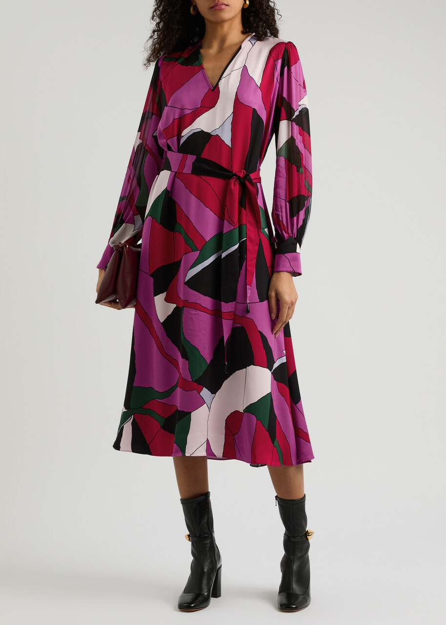 Diane Von Furstenberg Abel Belted Printed Satin Midi Dress Multicoloured