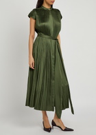 Joseph Phare Plissé Belted Satin Midi Dress Dark Green
