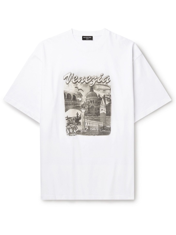 Photo: BALENCIAGA - Oversized Printed Cotton-Jersey T-Shirt - White