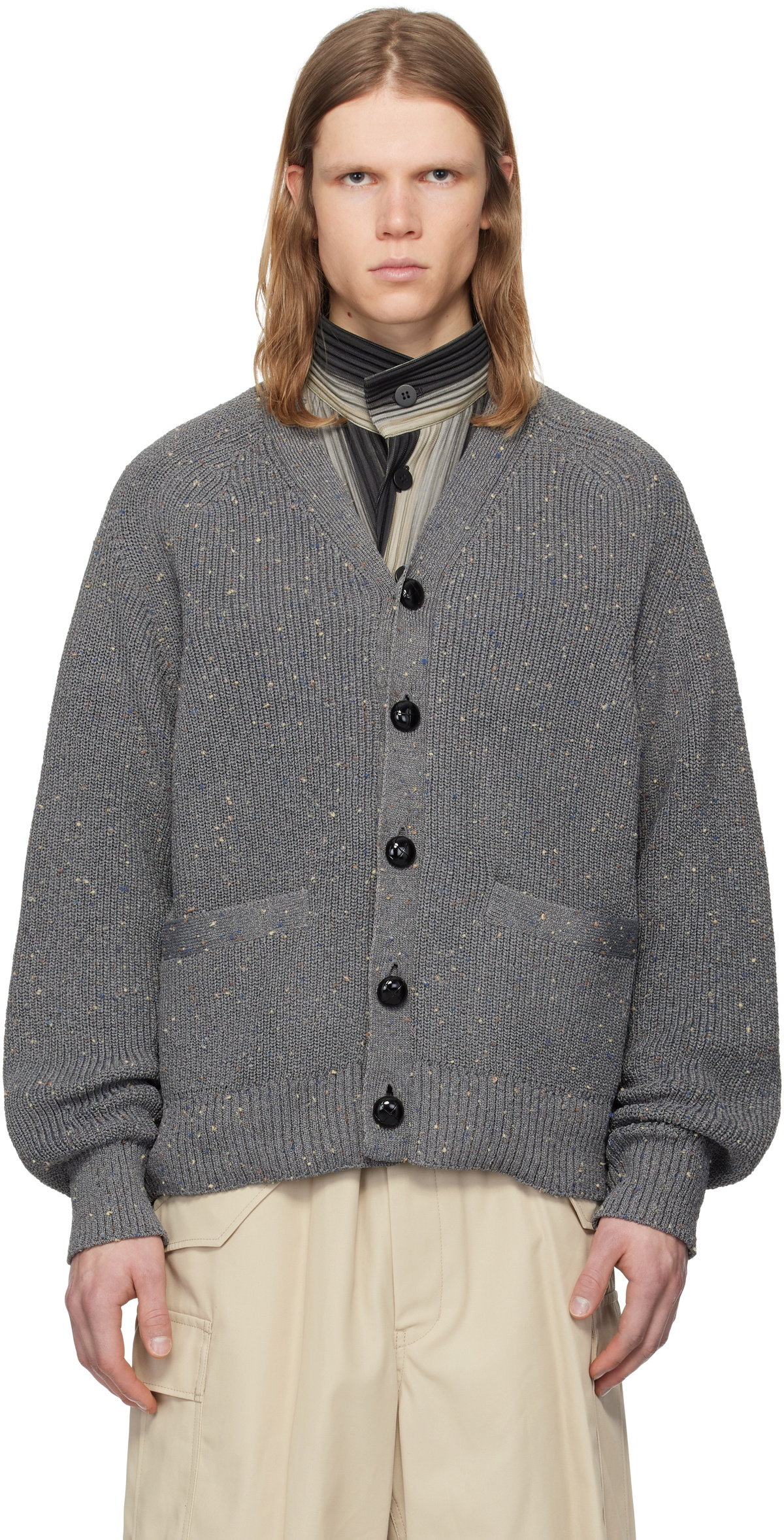 sacai: Gray Nep Yarn Knit Cardigan | SSENSE