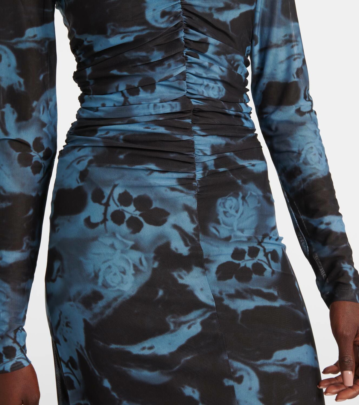 Ganni Printed ruched mesh maxi dress GANNI