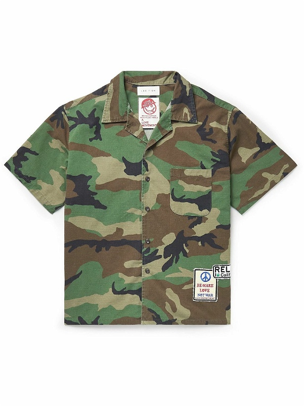 Photo: Les Tien - Camp-Collar Appliquéd Camouflage-Print Cotton-Ripstop Shirt - Green