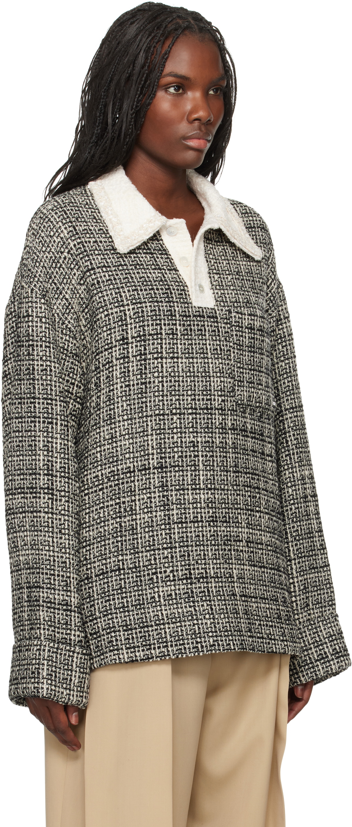 WOOYOUNGMI Black & White Multi Tweed Long Sleeve Polo