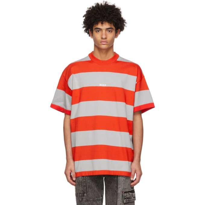 Photo: MSGM Red and Grey Striped Logo T-Shirt