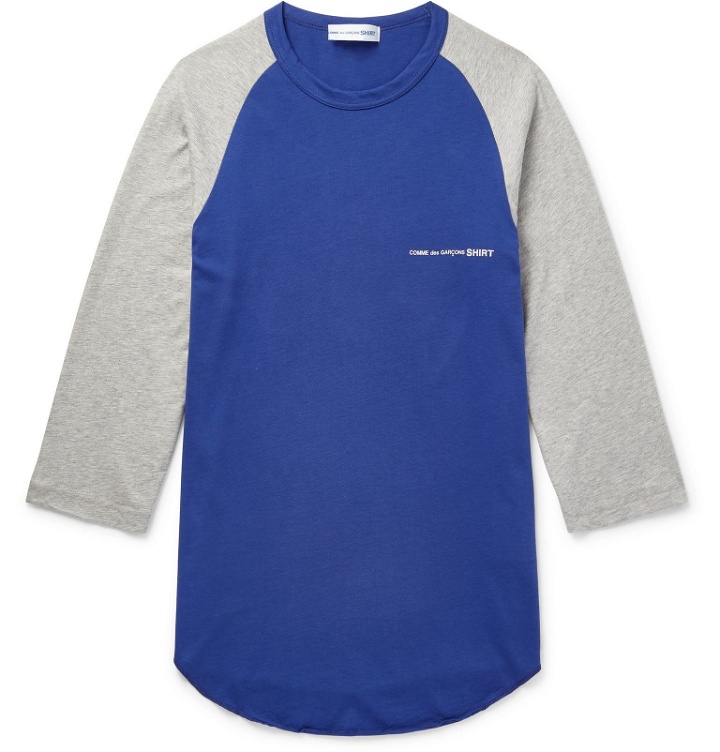 Photo: Comme des Garçons SHIRT - Logo-Print Colour-Block Logo-Print Cotton-Jersey T-Shirt - Blue