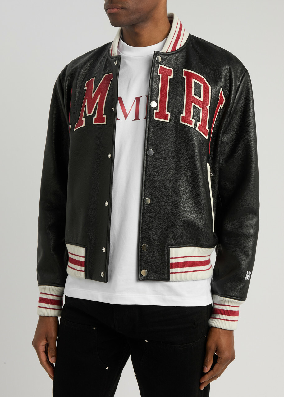 Amiri Logo Leather Varsity Jacket Black