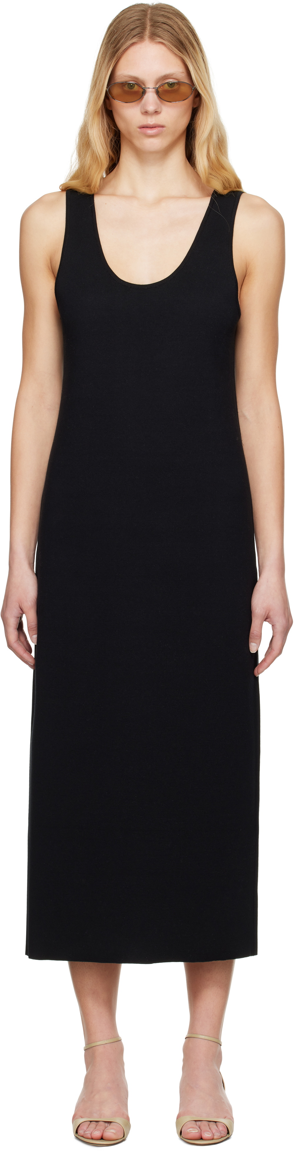AURALEE Black Cotton Silk Stretch Knit Midi Dress