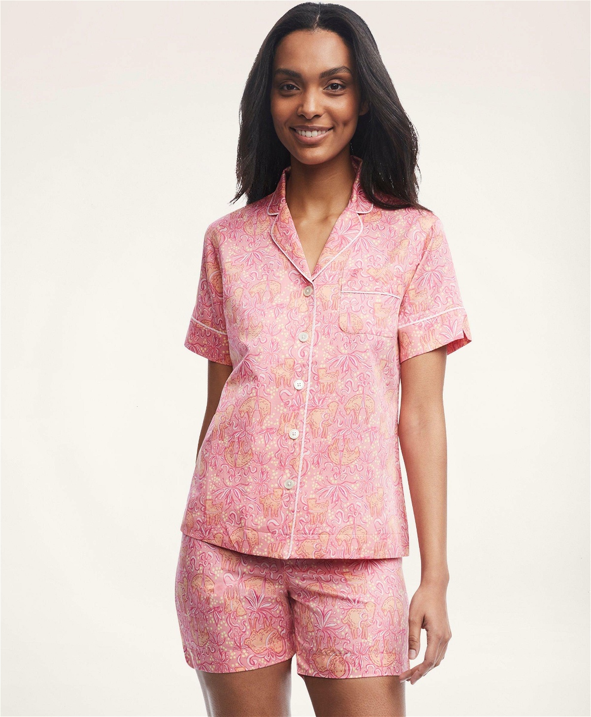 Photo: Brooks Brothers Women's Supima Cotton Vintage Lamb Print Short Pajamas | Pink