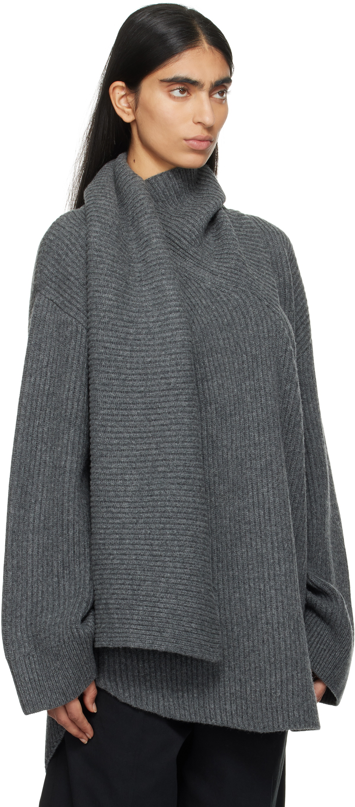 TOTEME Gray Long Scarf Knit Sweater
