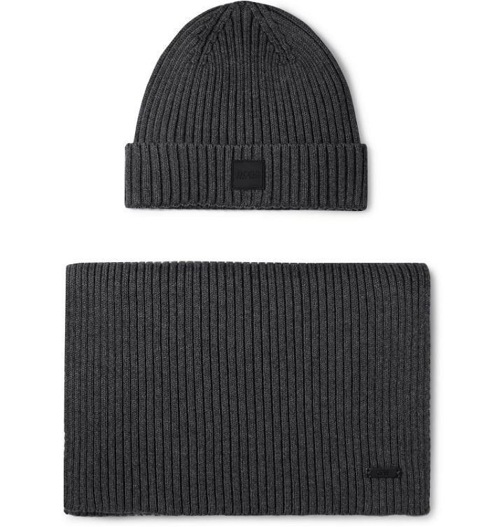 Photo: Hugo Boss - Ribbed Cotton and Wool-Blend Beanie and Scarf Set - Gray