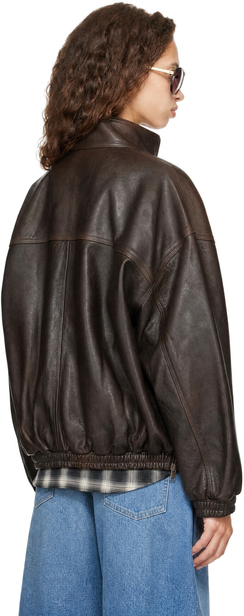 ssstein Brown Stand Collar Sheep Leather Jacket