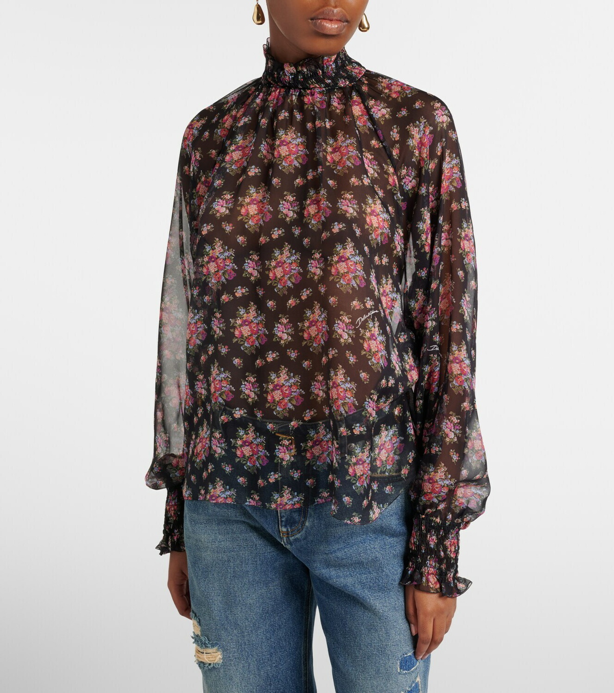 Dolce&Gabbana Floral ruffled sheer silk blouse