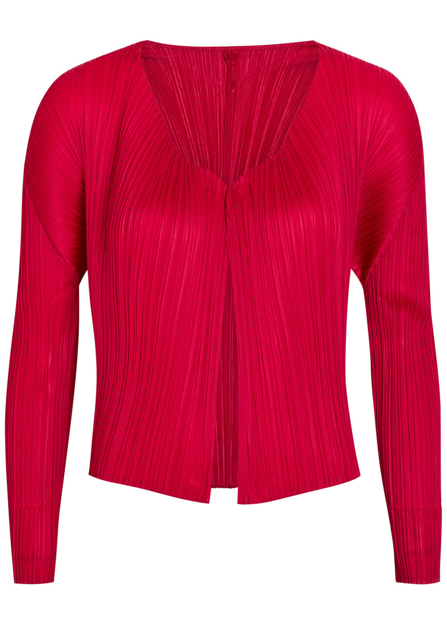 Pleats Please Issey Miyake Pleated Woven Cardigan Red