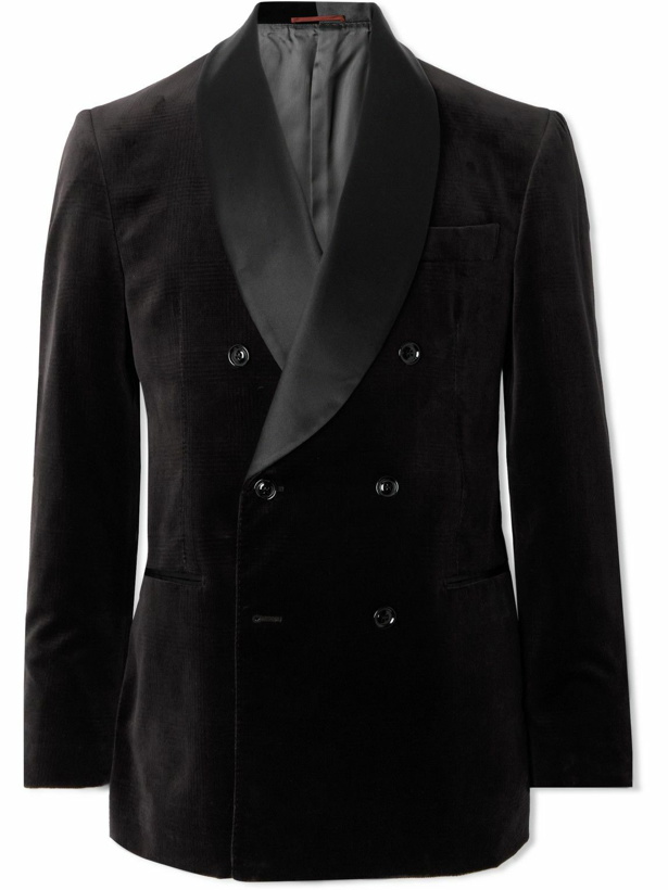 Photo: Brunello Cucinelli - Double-Breasted Embossed Cotton-Velvet and Satin Tuxedo Jacket - Brown