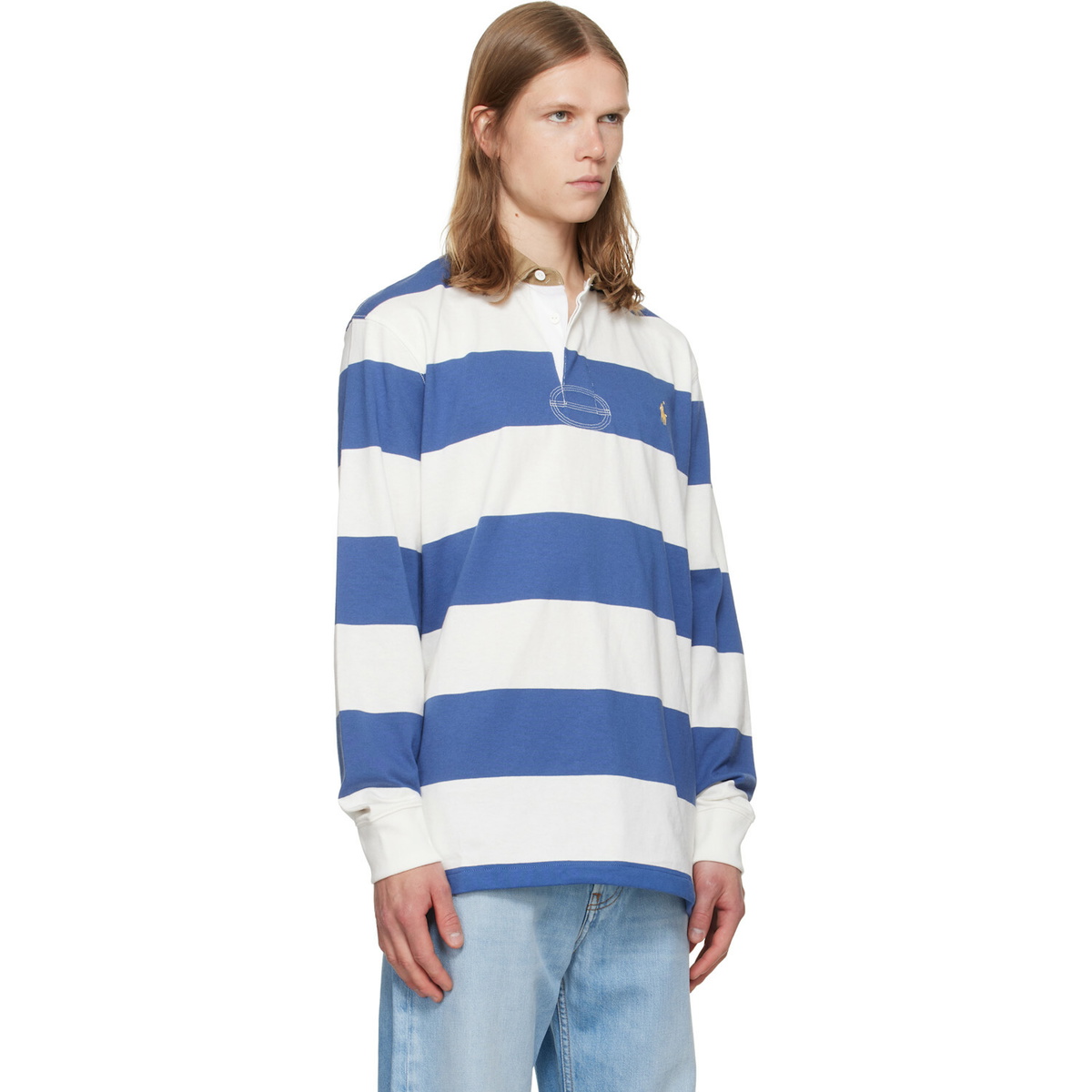 Polo Ralph Lauren White & Navy Classic Fit Khaki-Collar Rugby Polo