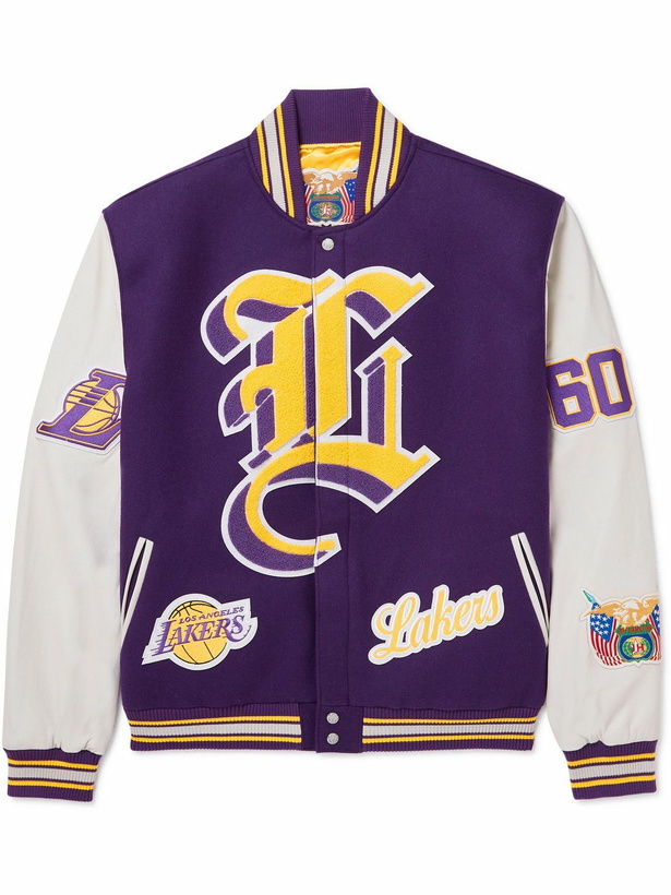 Photo: Jeff Hamilton - Lakers Appliquéd Felt and Leather Bomber Jacket - Purple