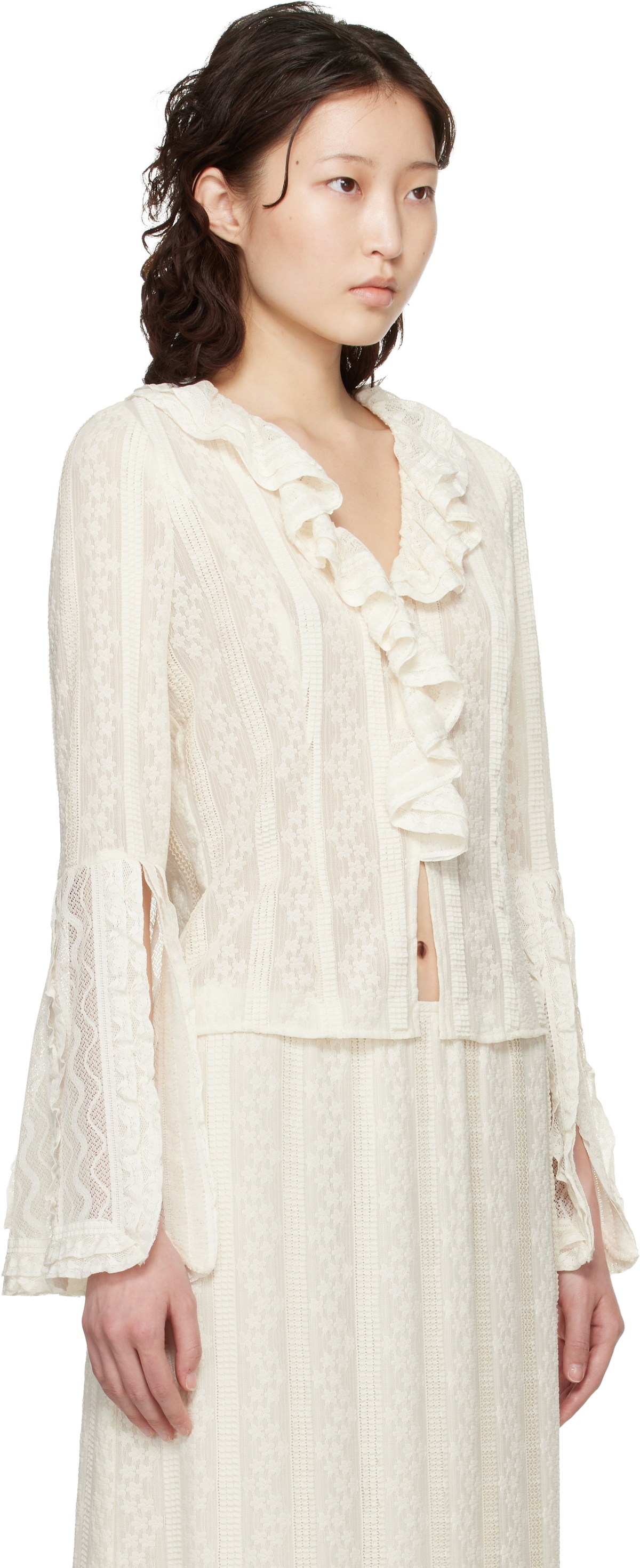 Anna Sui Off-White Floral Ruffle Stretch Lace Blouse