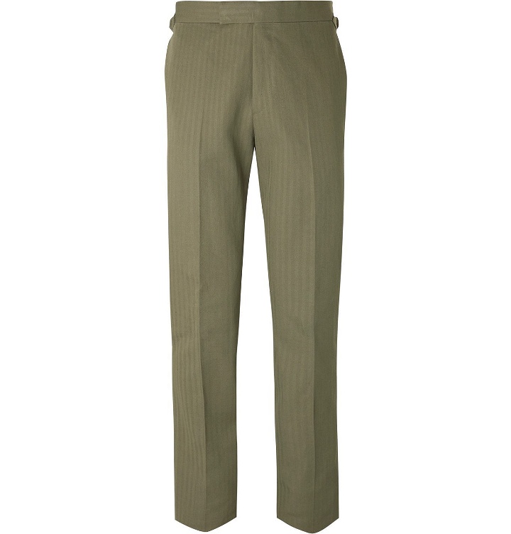 Photo: Kingsman - Slim-Fit Herringbone Cotton and Linen-Blend Trousers - Green