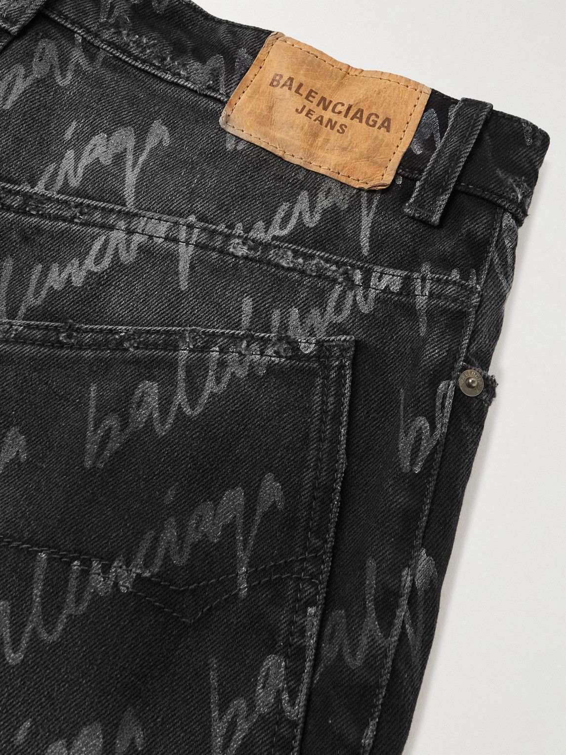 Balenciaga - Wide-Leg Distressed Logo-Print Jeans - Black Balenciaga