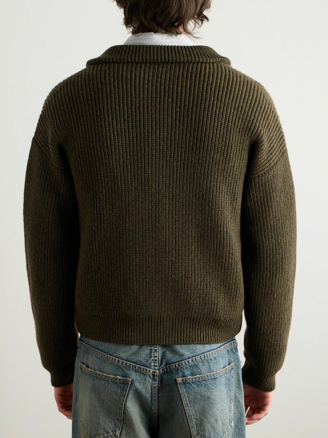 CELINE - Logo-Embroirdered Ribbed Wool Zip-Up Cardigan - Green Celine