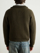 CELINE - Logo-Embroirdered Ribbed Wool Zip-Up Cardigan - Green