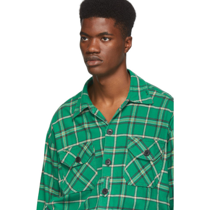 Greg Lauren Green and Blue 50/50 Plaid/Denim Studio Shirt Greg Lauren