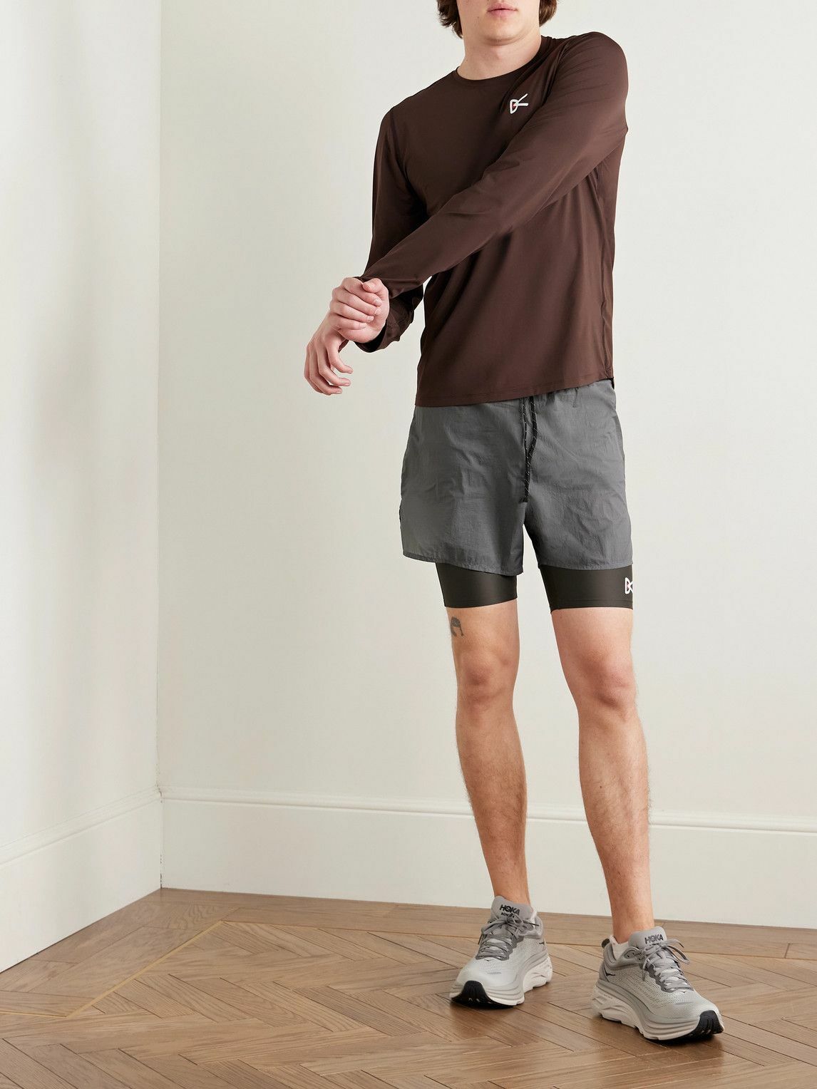 DISTRICT VISION - Straight-Leg Layered Logo-Print Shell and Stretch-Recycled Jersey Drawstring Shorts - Gray
