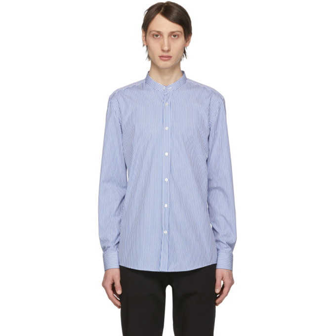 Photo: Boss Blue and White Micro Stripe Jorris Banded Collar Shirt