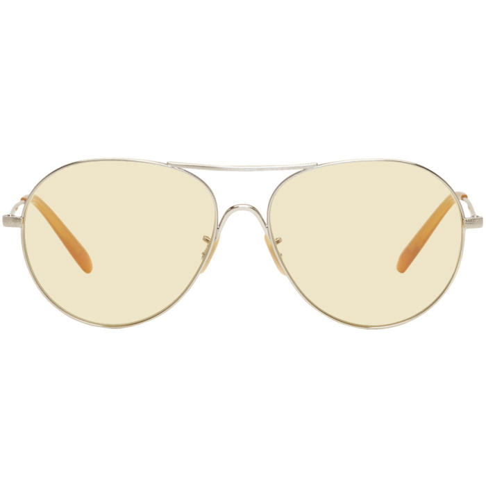 Photo: Oliver Peoples Silver and Yellow Rockmore Aviator Sunglasses