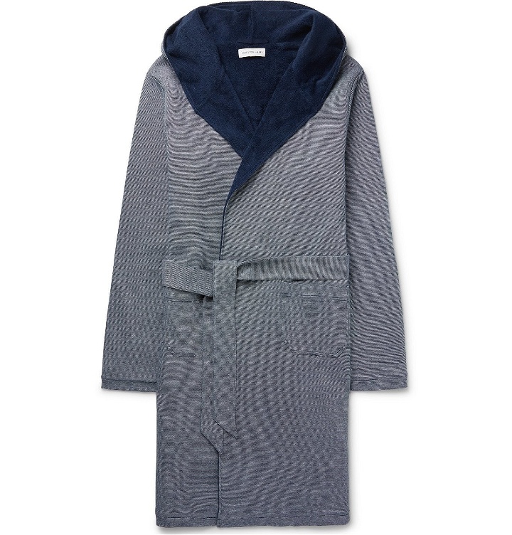 Photo: Hamilton and Hare - Striped Loopback Cotton-Piqué Hooded Robe - Blue